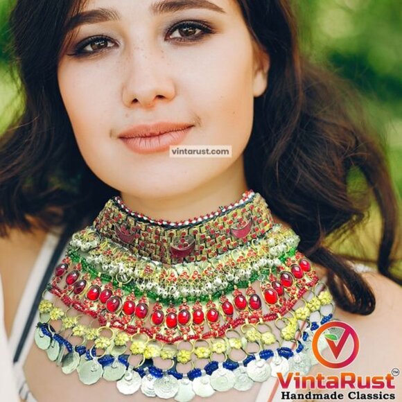Red Stones Afghan Necklace, Vintage Coins Multilayer Choker Necklace, Gypsy - Picture 1 of 14